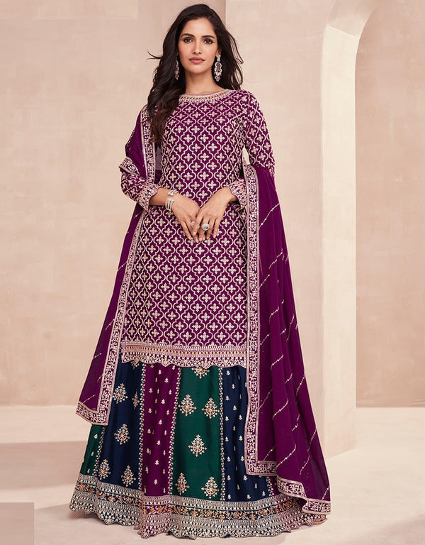 stylish purple chinon embroidered chinon heavy gharara suit with multi colour chinon rt9017-185264 Front View